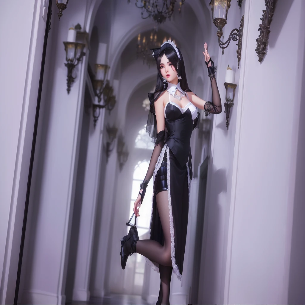 araffe skirted in a black skirt and a veil and holding a purse, Catboy role play! maid! skirt, Full body fairy, sha xi, maid skirt, maid outfit, glamorous Tifa lockheart, Elegant and charming role play, return, Qatar, Tifa, Popular on cgstation, french maid, Selina