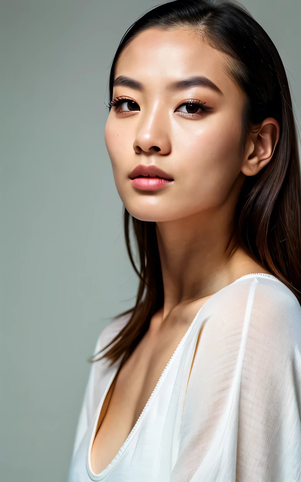 ultra-high-resolution 8K, best quality, (photo realistic:1.4) profile photo, BREAK (fashion model, asian, woman), athlete, 30years old, dark straight hair, slicked back hair, square face, black and small eyes, stern eyes, thick and straight eyebrows, snub nose, plump lips, fair skin with detailed and realistic skin texture, BREAK looking straight ahead, upper torso shot capturing her intense gaze, BREAK (muscular body), single eyelid, closed mouth, natural makeup, wearing white no-sleeve top, exuding the vibe of a fashion model with a neutral, serious expression, BREAK