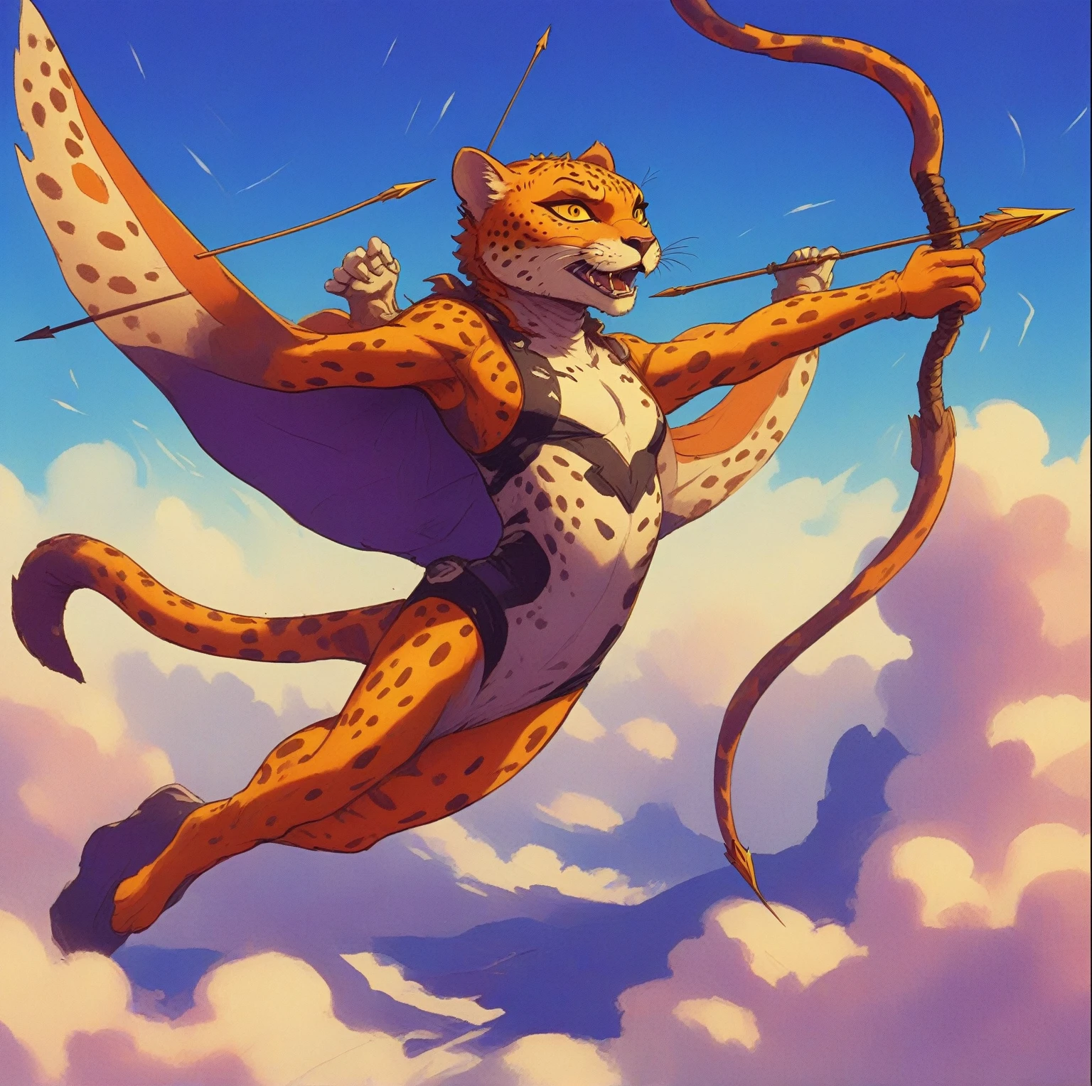 Cheetah wearing wingsuit (hunter, the cheetah from Spyro videogame) VHS, glitch, distorted, nostalgia, 90's retro vibes, analog tape, vcr aesthetics, tv, television, 1990's cartoon homage), comic 1990's, animated tv show screengrab, Cheetah dancing stanky boogie, soaring in the clouds, firing arrow from bow, cinematic poster, image within image, multiple exposure, massive scale, rich color grading for shading depth, hand drawn rotoscope cartoon realism, chiaroscuro lighting, mixed media, vintage comic, retro original design, 1990's comic, sense of movement energy, Hunter from the Spyro series is a tall anthropomorphic cheetah. He has a bright orange color with brown spots all over his coat. His underbelly and goatee are bright yellow, and his paws are a lighter orange. He has somewhat prominent brown eyebrows and bright blue eyes.