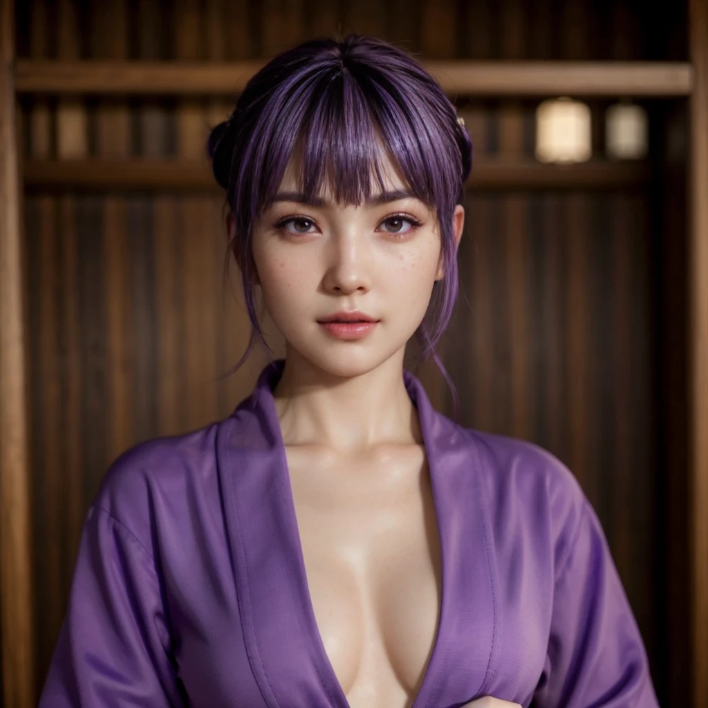 Ayane, purple hair, (best quality, ultra-detailed), (realistic:1.37), beautiful and detailed face, ultra-realistic texture, delicate face, delicate body, red lipstick, bright colors. high definition, 8K, well defined legs