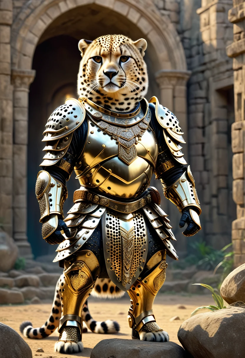 photorealistic portrait of Dressed animals - a ((fat)) Cheetah warrior,(brave pose), high quality,(lovely) ,intricate details, highly detailed ((cyber armor and helmet)) ,,highly detailed decorations, , (brave), soft lighting, stone ruins background,(full body image:1.5)