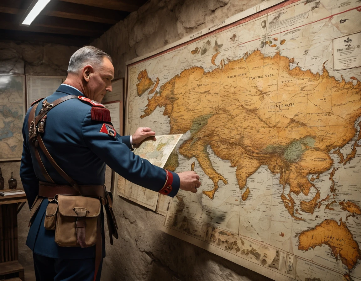 years 2022,underground combat headquarters,old map hanging on the wall,La carte comporte des itinéraires de marche,Marqué sur la carte par une flèche rouge,There are coordinates on the map, general officer developing a battle plan