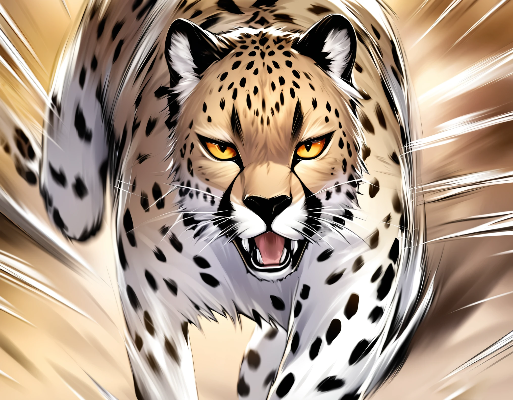 fusion of watercolors and oil paintings, mix of monochrome and color, best quality, super fine, 16k, 2.5D, delicate and dynamic, beautiful wild cheetah, run, uplifting, dignified expression, beautiful fur, portrait, savanna, (action blur, motion blur, speed lines:0.7)