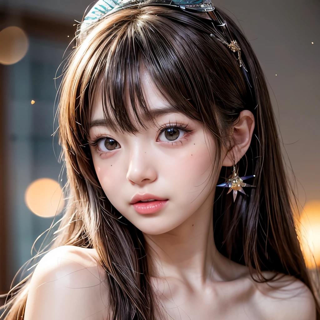 , 8k, High-level, absurd, masterpiece, best quality, primitive, very detailed CG, very detailed wallpaper, perfect lighting, Extremely detailed (((The personifying " Lum in Urusei Yatsura " as a Little Girl))), MysticSight, Tyndall effect, Tyndall scattering, Studio gray background with (many Dazzling RainbowColor particles BokeH:1.28), (RoundlyButts, ThighGap), (:0.4), ( with looking ahead), BREAK (NOGIZAKA face variations) Extremely Detailed very KAWAII face variations, perfect , Childish, captivating gaze, elaborate detailed Eyes with (sparkling highlights:1.28), long eyelashes、Glossy RED Lips with beautiful details, Coquettish tongue, Rosy cheeks, Radiant PearlSkin with clear transparency . { (Dynamic LifeLike expressions:1.4) | :d) }, (large eyes:-1) .