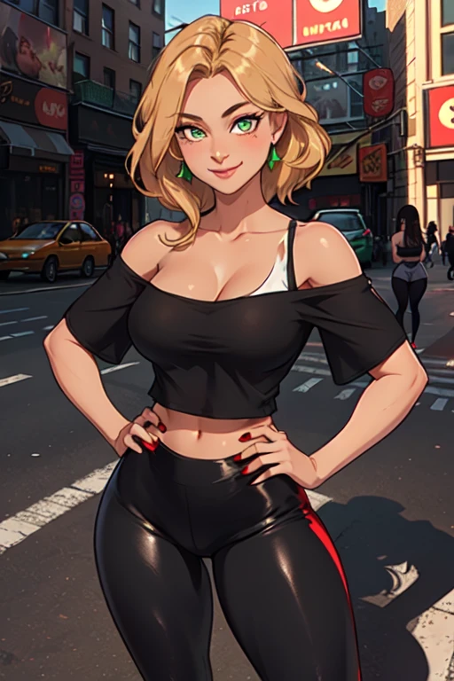 1girl, solo, sexy, 1girl, solo, 36-years-old, tan olive skin, shoulder-length hair, sunflower blonde hair, emerald eyes, ((Wearing an off shoulder red tank-top and glossy black leggings)). hands on hips, she's looking at the camera with a calm smile, outside on New York street,(masterpiece), (best quality), (ultra-detailed), (best illustration), (best shadow), (an extremely delicate and beautiful)
