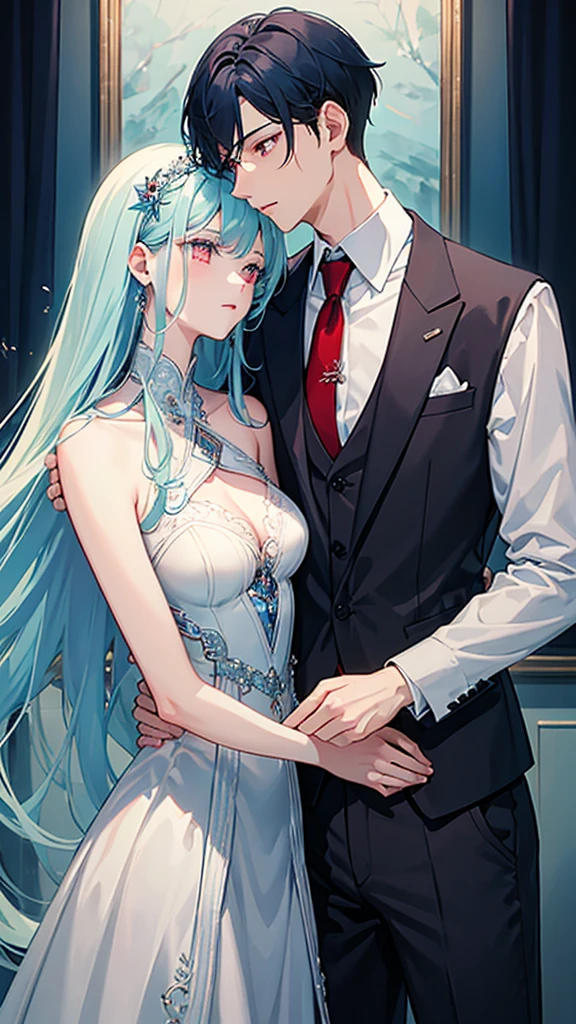 A boy with blue hair, medium short hair, green eyes, height 1.84 elegant suit hugging a girl with platinum white wavy hair waist length height 1.70 color crimson red eyes elegant clothing sexy fox breed
