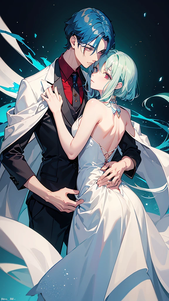 A boy with blue hair, medium short hair, green eyes, height 1.84 elegant suit hugging a girl with platinum white wavy hair waist length height 1.70 color crimson red eyes elegant clothing sexy fox breed