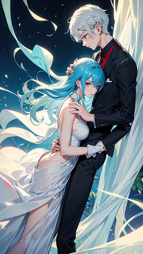 A boy with blue hair, medium short hair, green eyes, height 1.84 elegant suit hugging a girl with platinum white wavy hair waist length height 1.70 color crimson red eyes elegant clothing sexy fox breed 