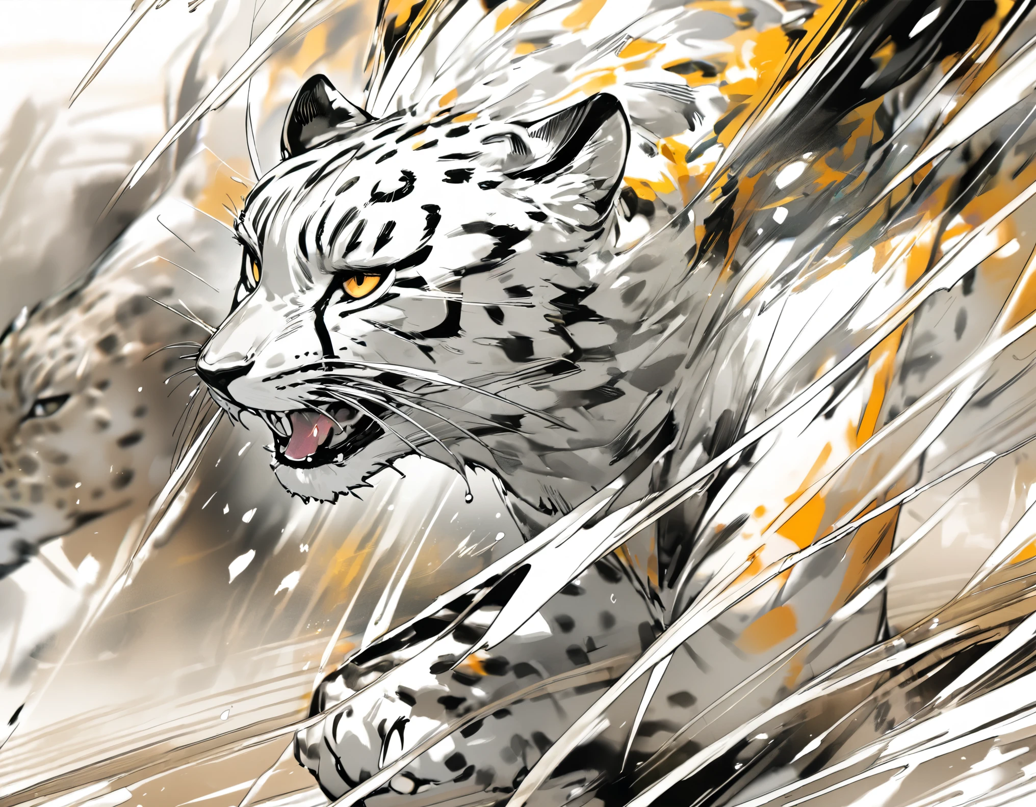 fusion of watercolors and oil paintings, mix of monochrome and color, best quality, super fine, 16k, 2.5D, delicate and dynamic, beautiful wild cheetah, run, uplifting, dignified expression, beautiful fur, portrait, savanna, (action blur, motion blur, speed lines:0.7)