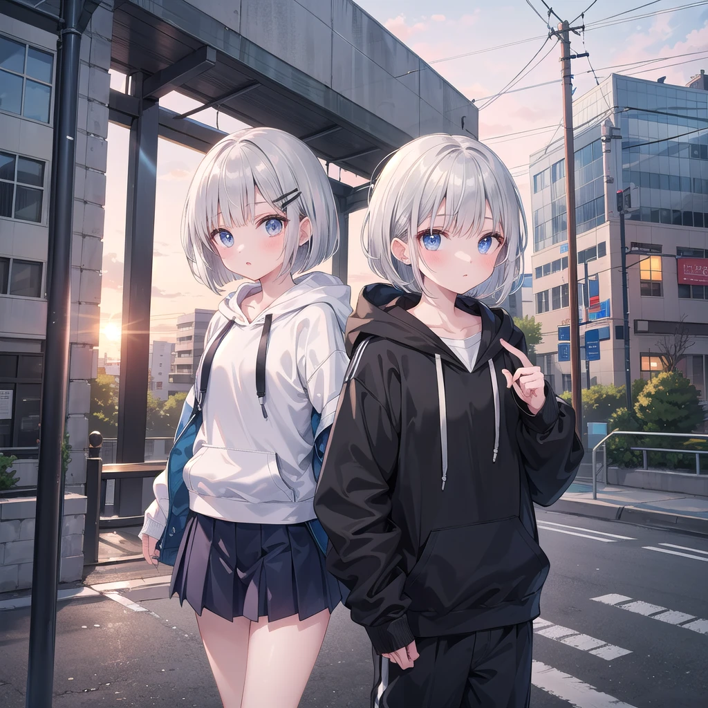 Highest quality,masterpiece,(A boy with short black hair wearing a hoodie)、(A girl with bright silver short bob hair,hairpin)(School,On the way home from school,evening,)