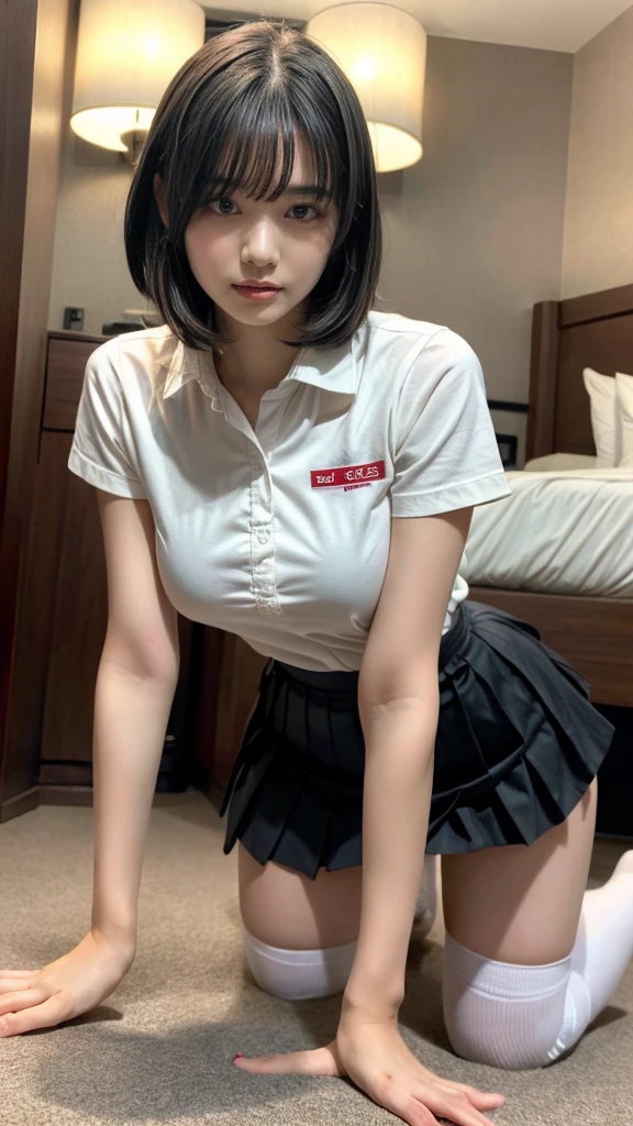 masterpiece, best quality, illustration, Super detailed, fine details, High resolution, 8K,wall paper, perfect dynamic composition,(Details High quality, realistic depiction of eyes:1.3), (collared shirt:1.1), pleated skirt, knee high socks, plump breast, saggy breasts、expresses the roundness and softness of your chest, Don't expose it, short bob hair, black hair color, Big Natural Color Lip, (perfect body shape), crying a little、20 year old girl、cute type、beautiful legs, hotel room, Gravure Idol, large hip, getting pounded from behind, on all fours