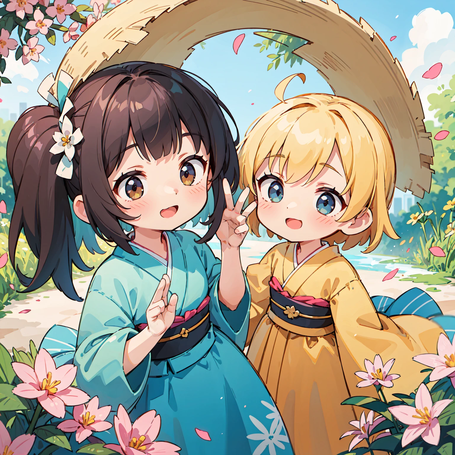Photorealistic、Nedoroid in a kimono and wedding dress standing in front of a painting、Open mouth and big smile、Watercolor Nendoroid、(High Resolution Figure)、Flowing iridescent silk、Close-up of face、Look up、An eye is a heart、Floral Dress、wave hands、Flowers are blooming in front of the Nendoroids too、petal、season!!: summer☀ 🍂