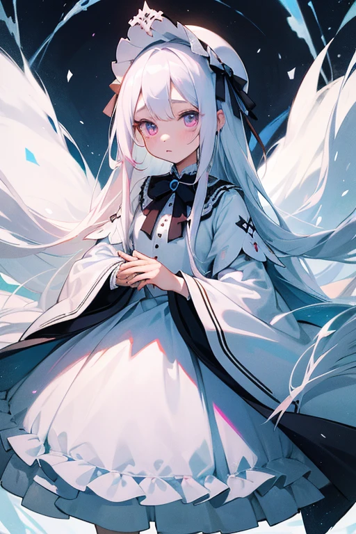 A young girl with long straight white hair。Pupil with X mark。Droopy eyes and ephemeral appearance、Ice blue and pink odd eyes。A princess with the ability to control snow。spirit。sacred、beautiful、cute　Lolita Dresses