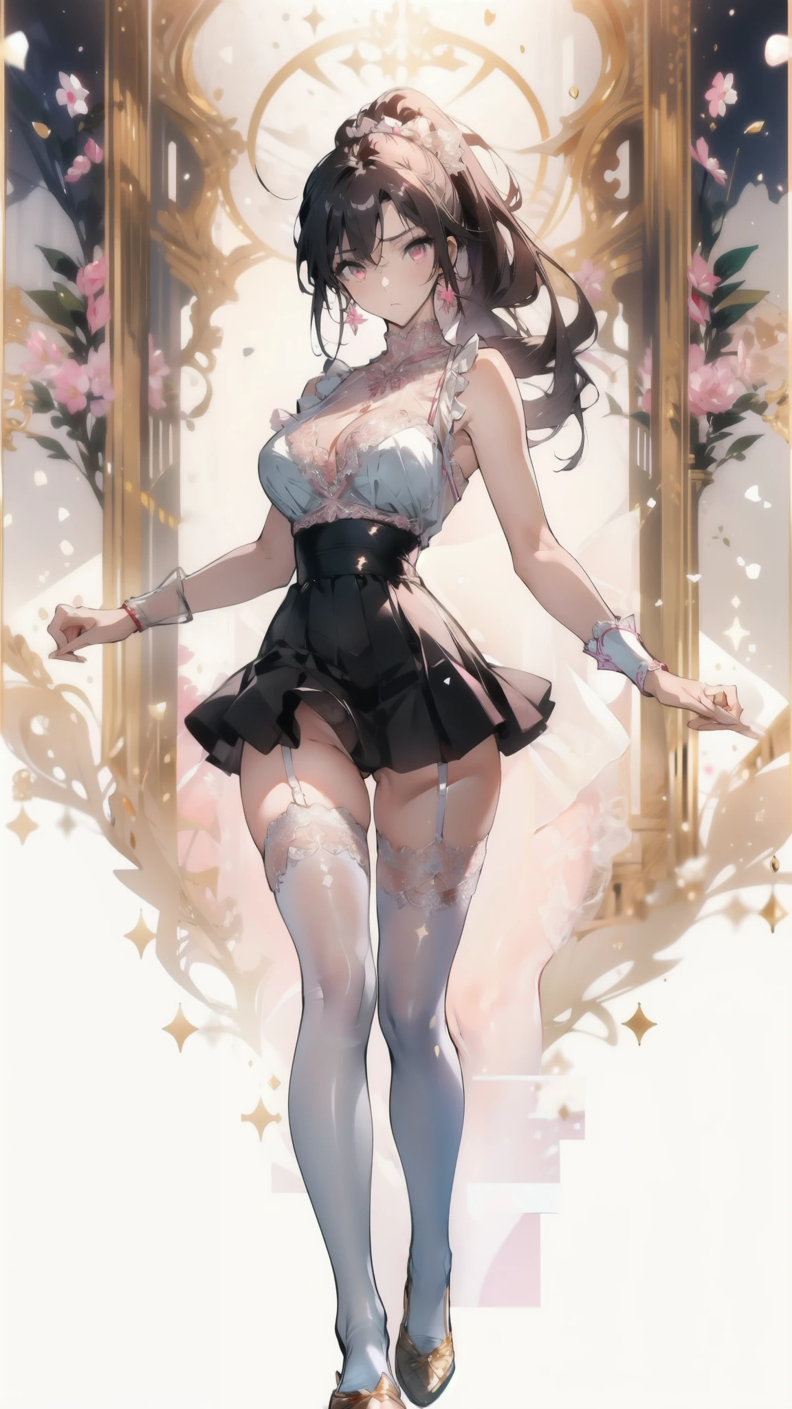 ((masterpiece, best quality)), Delicate face,beautiful dancing girls,gold,whole body,Long legs,Large Breasts,Gradient double ponytail,Perfect body proportions,Nice pink eyes,Extremely beautiful,transparent, Pure white background,Erotic_lingerie,sexly_比基尼,Lace,Garter stockings