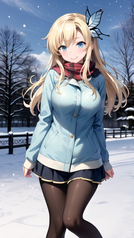 masterpiece, best quality, highres, aasena, long hair, hair ornament, large breasts, winter clothes, scarf, pantyhose, snow, tree, park, smile
