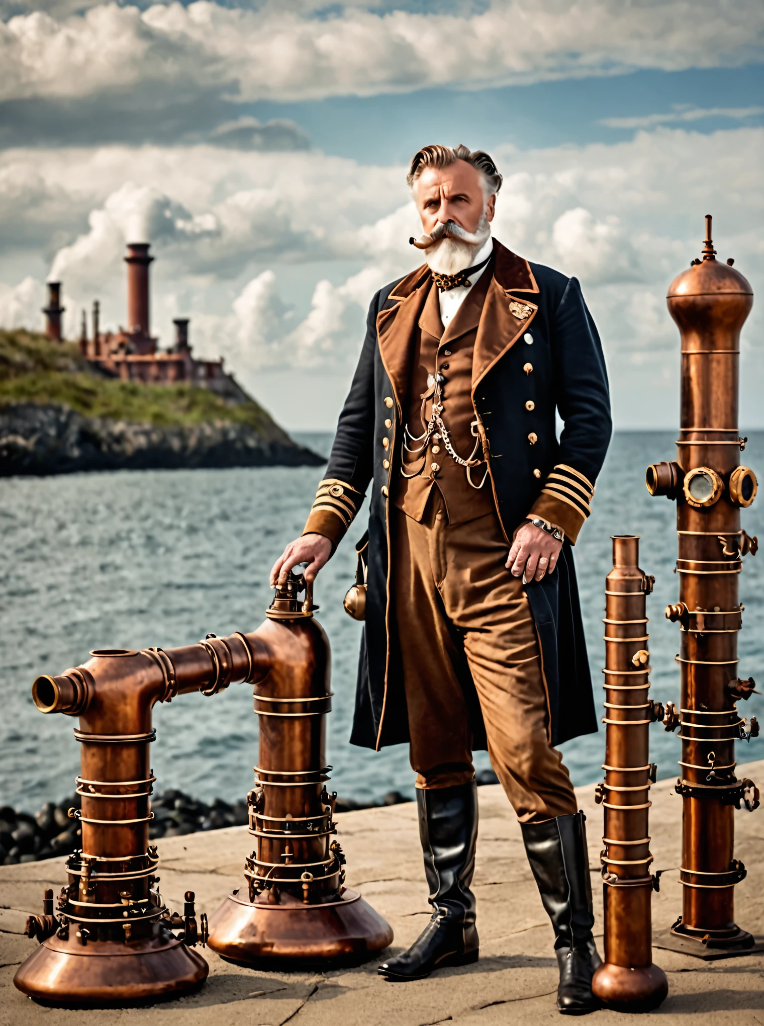 photo focus on male focus, outdoors by the sea, realistic scenery, (captain nemo:1.1), cloud buster, cluster of six small copper pipes pointing upwards , steampunk nautilus-style. very wide shot, character photo portrait, film, professional,