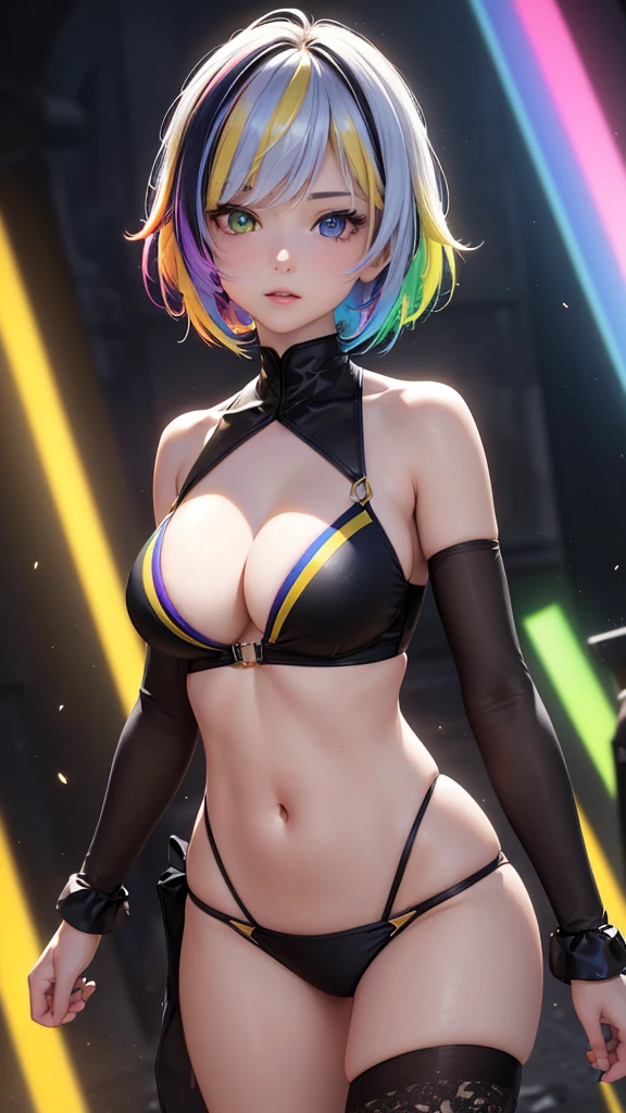 {{masterpiece}}, best quality, extremely detailed CG unity 8k wallpaper, cinematic lighting, lens flare, beautiful detail eyes, black, side glance, multicolor short blonde hair, colorful light, particles, heterochromia, (colorful:1.5), (colorful hair:1.5), Sexy bikini suit,