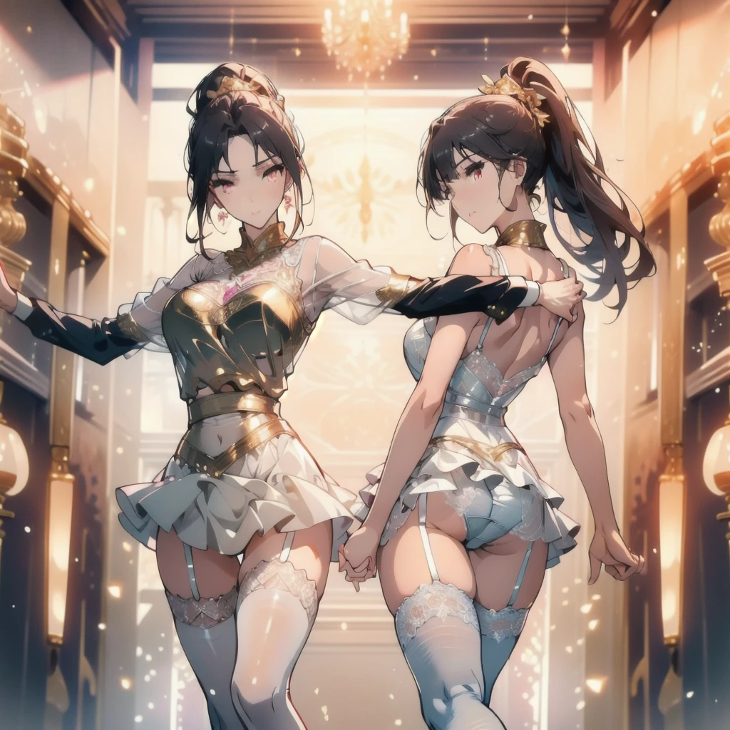 ((masterpiece, best quality)), Delicate face，beautiful dancing girls，gold，whole body，Long legs，Large ，Gradient double ponytail，Perfect body proportions，Nice pink eyes，Extremely beautiful，， Pure white background，_，sexly_比基尼，Lace，Garter stockings