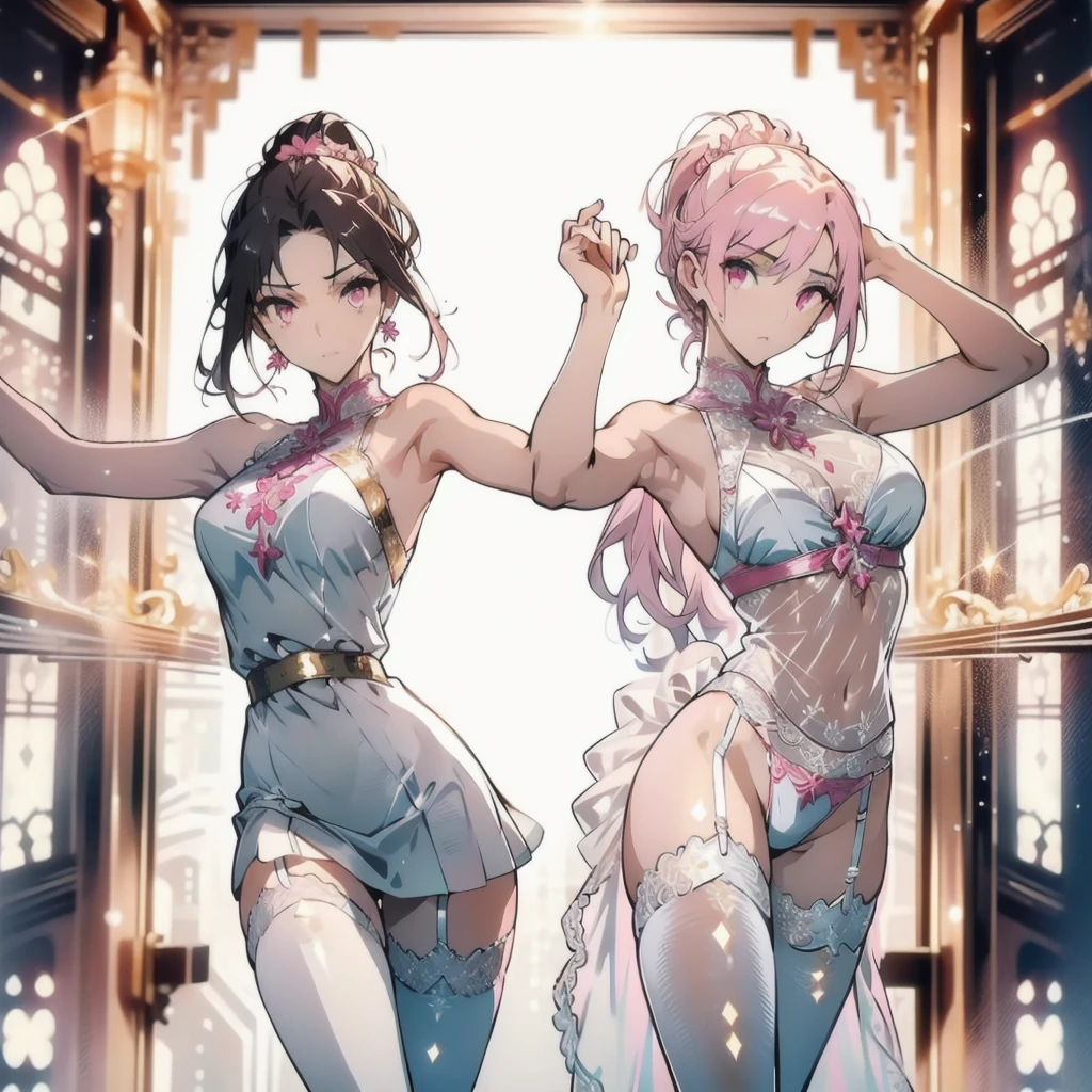 ((masterpiece, best quality)), Delicate face,beautiful dancing girls,gold,whole body,Long legs,Large Breasts,Gradient double ponytail,Perfect body proportions,Nice pink eyes,Extremely beautiful,transparent, Pure white background,Erotic_lingerie,sexly_比基尼,Lace,Garter stockings