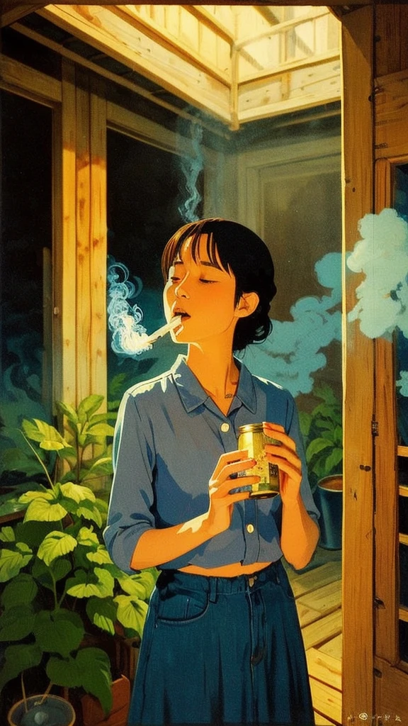 Ghibli-style painting、summer night、Smoke coming out of Katori incense sticks、A woman with a cigarette in her mouth opens a can of beer in a room