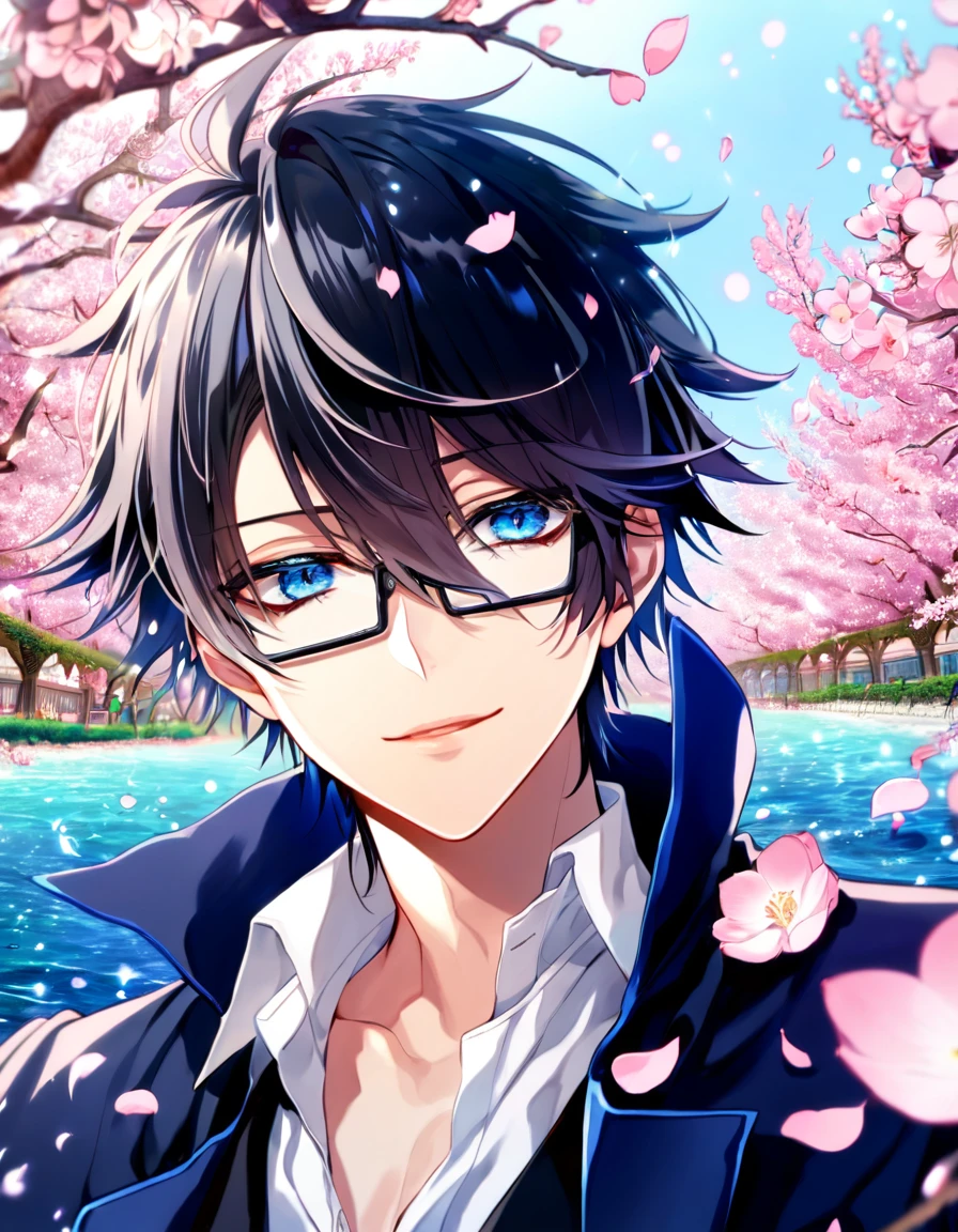 Ultra detailed, highres, absurdres, HDR, master piece, Fushimi Saruhiko, messy black hair, hair between the eyes, expressivee blue eyes, rectangular black glasses, white shirt, a gray waistcoat, long blue overcoat, K Project, fantasy, pink petals, water, pink flowers, handsome, sexy man, solo, magical, best quality, blossoms, handsome smile, blue shining fireflies