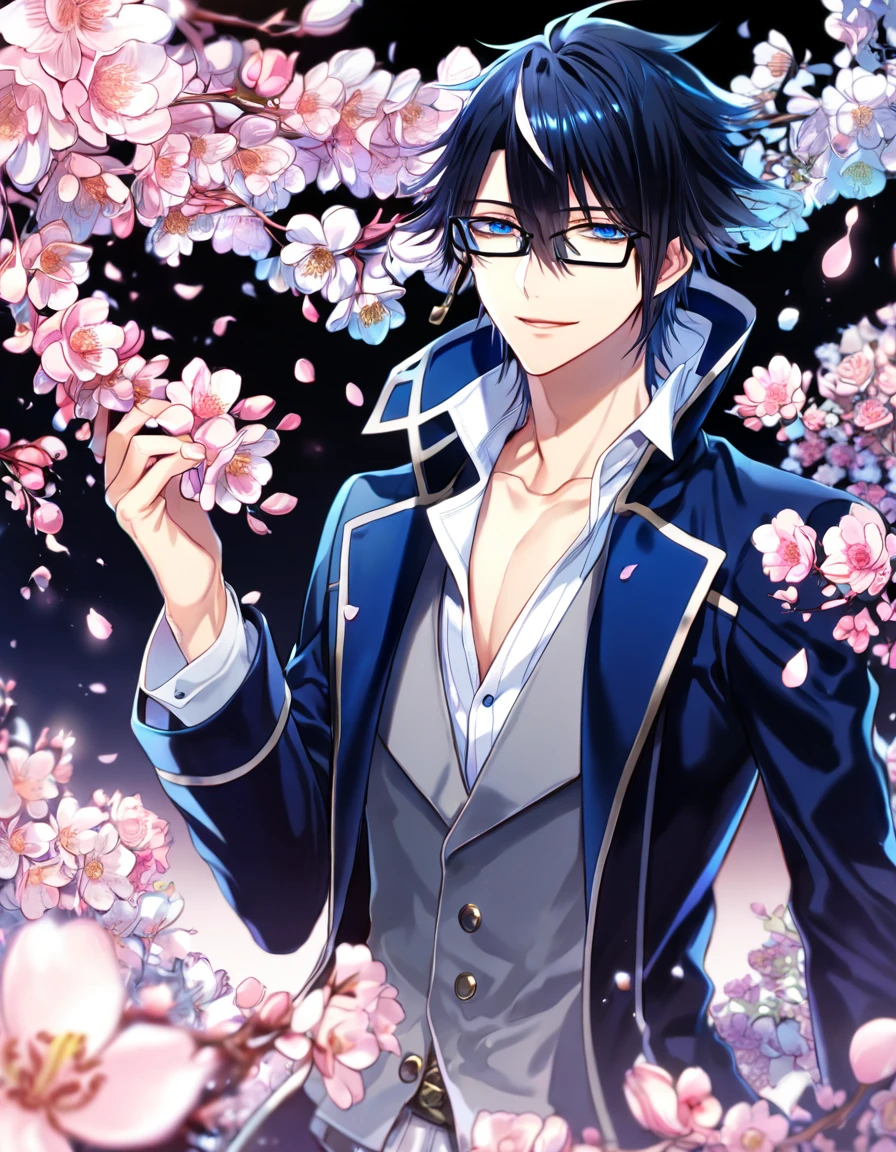 Ultra detailed, highres, absurdres, HDR, master piece, Fushimi Saruhiko, messy black hair, hair between the eyes, expressivee blue eyes, rectangular black glasses, white shirt, a gray waistcoat, long blue overcoat, K Project, fantasy, pink petals, water, pink flowers, handsome, sexy man, solo, magical, best quality, blossoms, handsome smile, blue shining fireflies