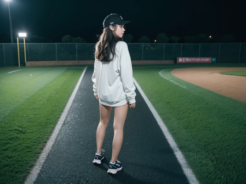 A beautiful girl,night,rain,Put on a baseball cap,Walk on the field path,Back