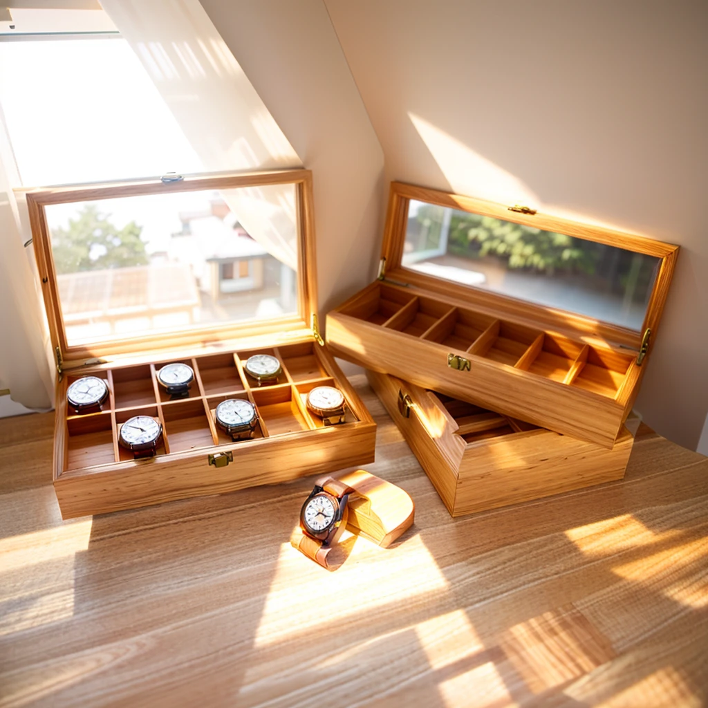 In this cozy room，A ray of sunlight shone through the half-drawn curtains on the table，Let the wood grain on the watch storage box shine with a faint luster。There was a calm and peaceful atmosphere in the air around them。There are several still lifes hanging on the walls of the room，It adds a touch of elegance to the space。And on the other side of the room，The half-open window lets in the breeze，The pages on the small desk by the window turned in the wind，This quiet scene gives a sense of tranquility and comfort。

