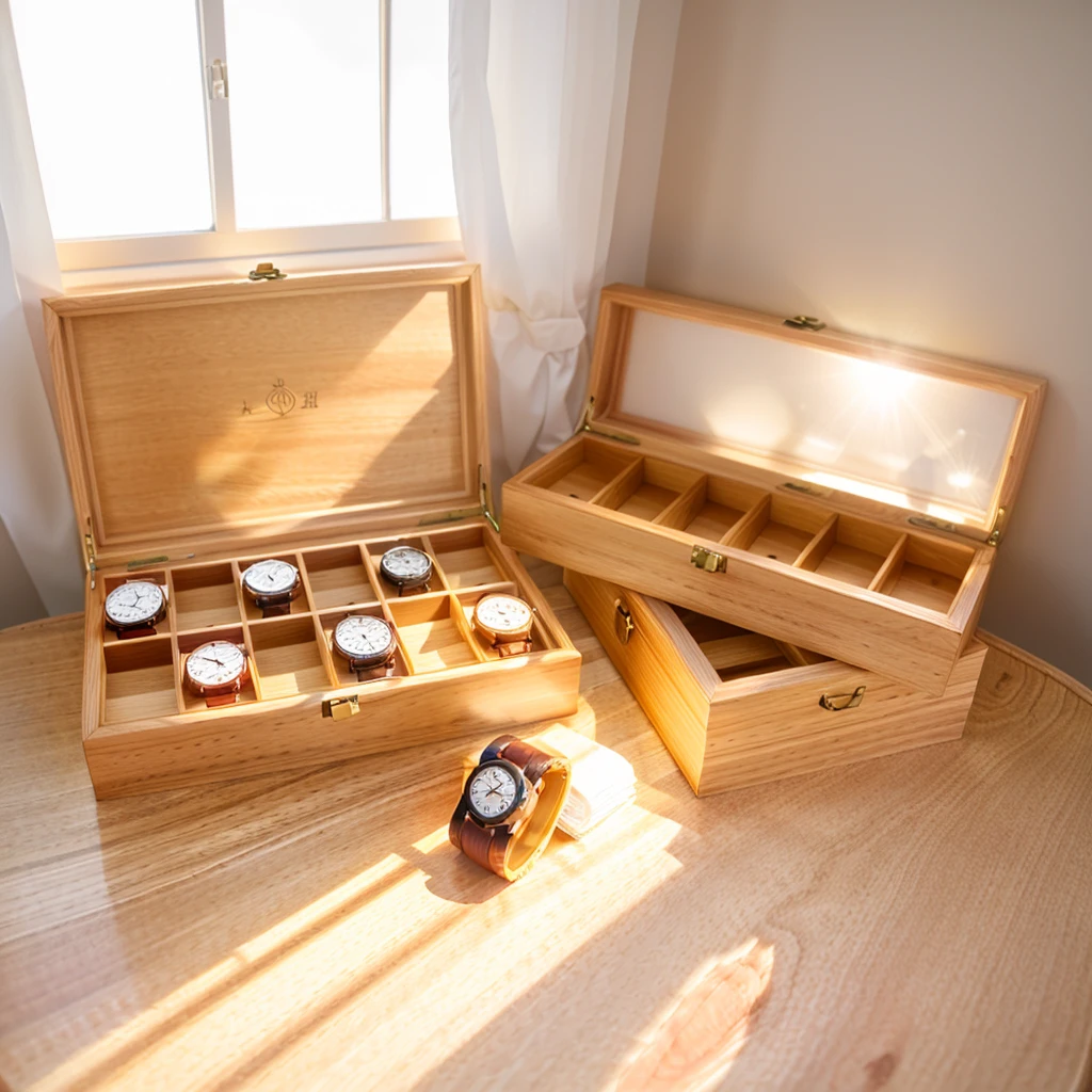 In this cozy room,A ray of sunlight shone through the half-drawn curtains on the table,Let the wood grain on the watch storage box shine with a faint luster。There was a calm and peaceful atmosphere in the air around them。There are several still lifes hanging on the walls of the room,It adds a touch of elegance to the space。And on the other side of the room,The half-open window lets in the breeze,The pages on the small desk by the window turned in the wind,This quiet scene gives a sense of tranquility and comfort。