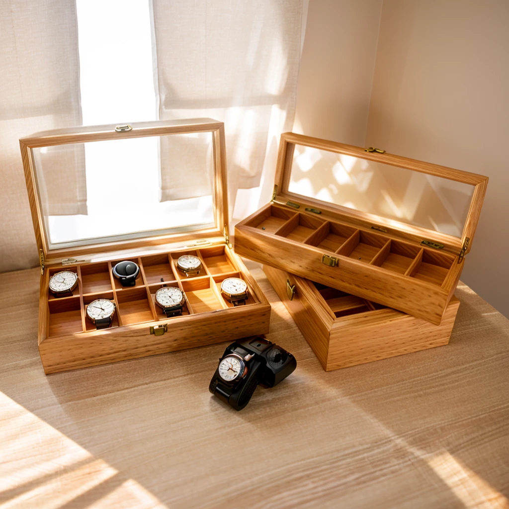 In this cozy room,A ray of sunlight shone through the half-drawn curtains on the table,Let the wood grain on the watch storage box shine with a faint luster。There was a calm and peaceful atmosphere in the air around them。There are several still lifes hanging on the walls of the room,It adds a touch of elegance to the space。And on the other side of the room,The half-open window lets in the breeze,The pages on the small desk by the window turned in the wind,This quiet scene gives a sense of tranquility and comfort。