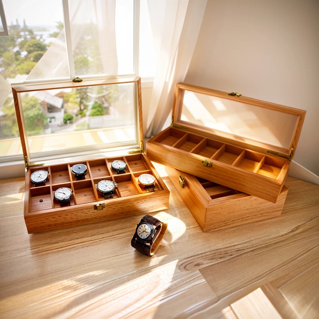 In this cozy room,A ray of sunlight shone through the half-drawn curtains on the table,Let the wood grain on the watch storage box shine with a faint luster。There was a calm and peaceful atmosphere in the air around them。There are several still lifes hanging on the walls of the room,It adds a touch of elegance to the space。And on the other side of the room,The half-open window lets in the breeze,The pages on the small desk by the window turned in the wind,This quiet scene gives a sense of tranquility and comfort。