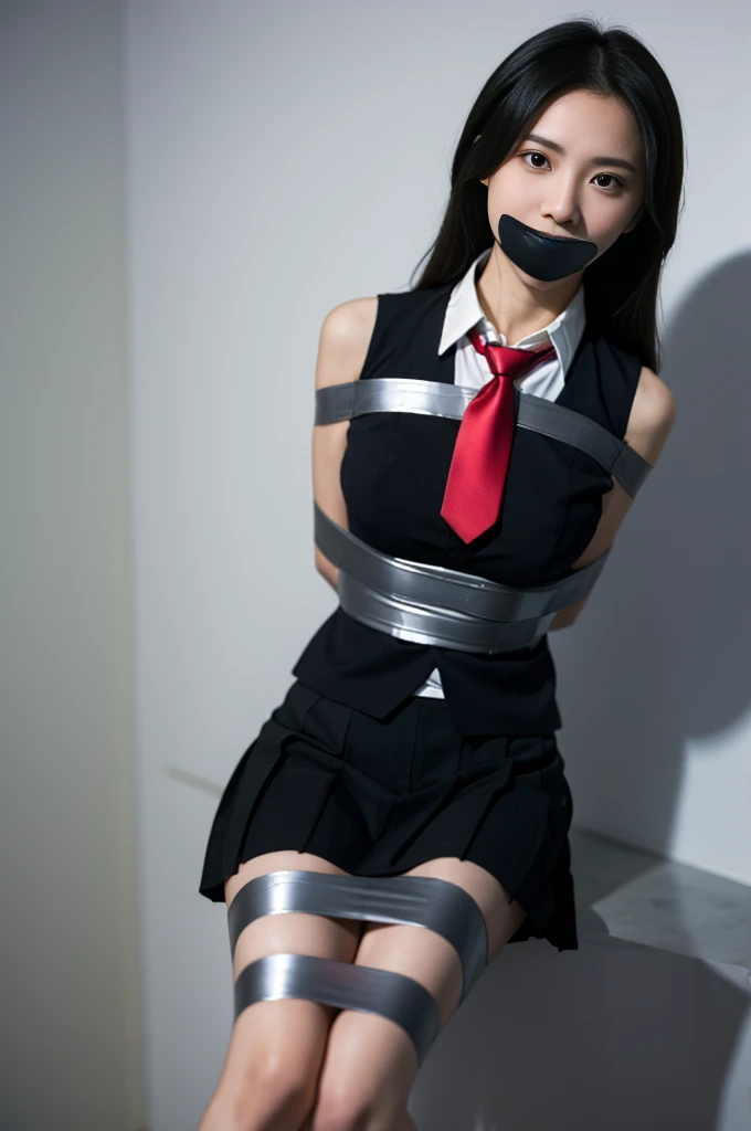 (absurdres, 8k, 4k, masterpiece, hyper extreme detailed:1.2), solo, front view portrait, best quality, portrait, solo, adult, cowboyshot, perfect anatomy, 1girl, perfect face, expressive eyes, perfect eyes, (masterpiece, best quality:1.2), cowboy shot, solo, 1girl, akame \(akame ga kill!\), expressionless, closed mouth, looking at viewer, black collared shirt, red necktie, sleeveless, skirt, red eyes, stoic, quiet, gloves, dynamic pose, half body, bound, bondage, (arms behind back:1.4), bdsm, tape gag, tape, tape bondage, restrained, best anatomy, half body, tape wrapped, wrap gag, tightly bound, tape wrapped around face, black hair, black collared shirt, red necktie, sleeveless, black skirt,