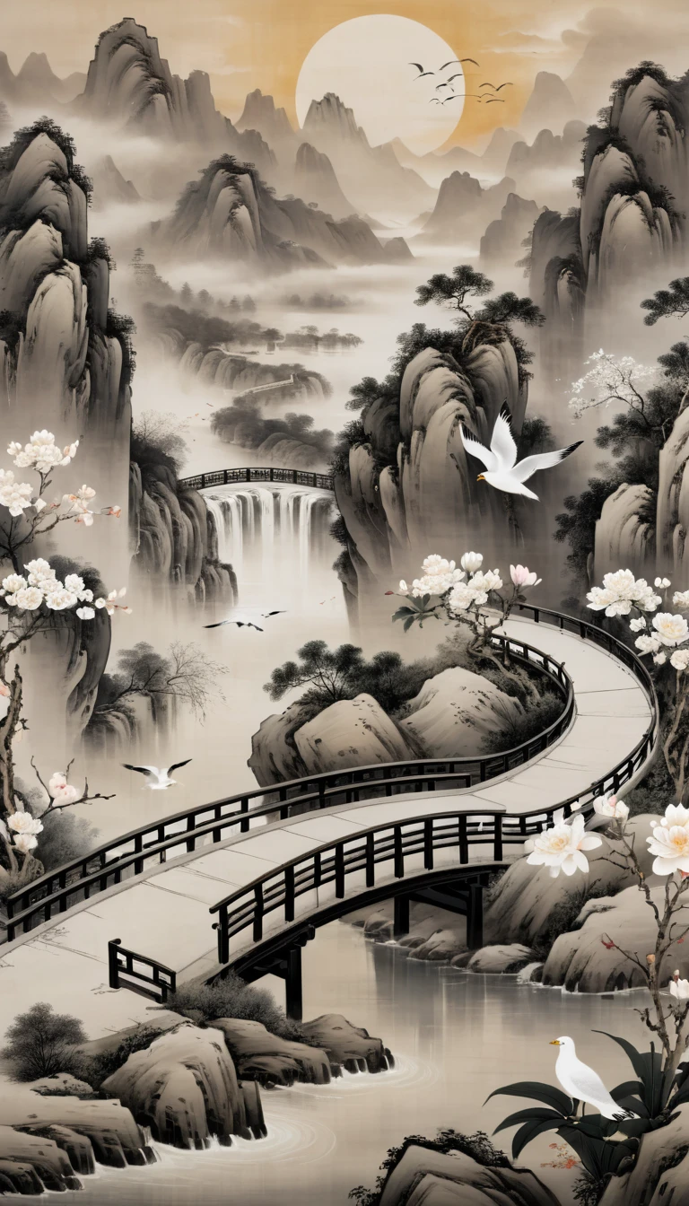 best quality,8K,CG,decline,Flowers,sun,Mountain,Seagull,bridge,Ancient Chinese paintings,Traditional Chinese ink painting,Black and white ink painting,