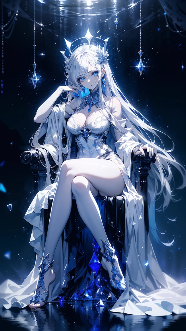 (masterpiece),((Highly detailed long silver hair)),((expressive blue eyes)),Highly detailed white dress,deep ,serious expression,extremely beautiful woman,((detailed large )), pale white skin,silver jewelry,best quality,cel shading,etherial light,masterpiece, 8K HD,highly detaild face, highly detaild eyes,flat color, wide angle,ufotable anime style,fantasy style,3d art style,((surrealist art style)),light particles,fullbody view angle,bokeh overlay,frozen castle,ice effects,glassy texture,she is sitting in a frozen throne ,(( legs crossed)),  feet, legs