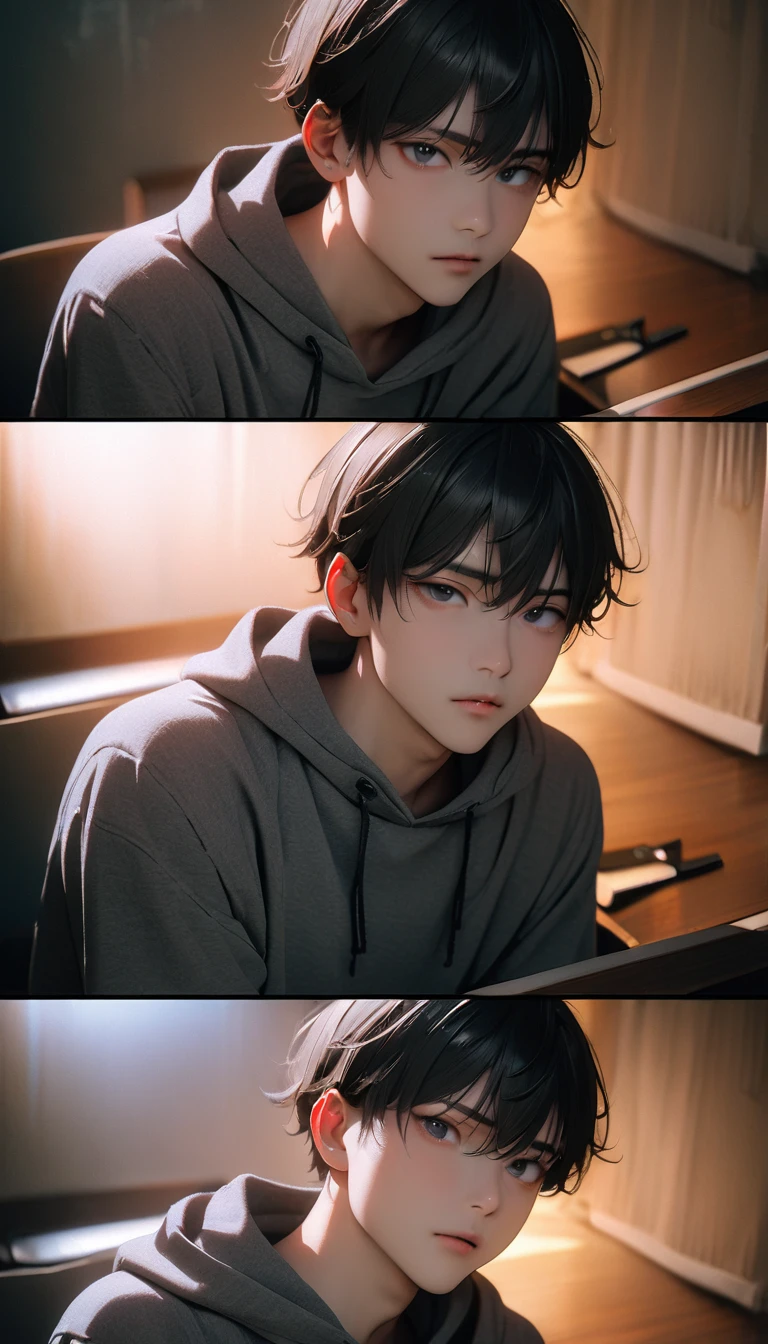 (8K, RAW photos, best quality, masterpiece: 1.4), (((男孩在table上写字))),Ultra-high resolution, Extremely detailed, light, Desk lamp close-up, handsome boy, black eyes, (delicate eyes, Eyes are bright:1.2), Gray short hair, Fair skin,dark, Grey sweatshirt, sweatshirt with hood,(perfect anatomy:1.2), High-quality shadows, Natural Lighting, (White highlights:1.2), night, cloudy day, (at home:1.2), (table:1.2)