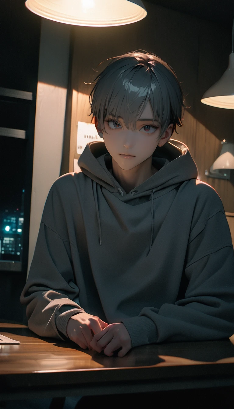 (8K, RAW photos, best quality, masterpiece: 1.4), (((男孩在table上写字))),Ultra-high resolution, Extremely detailed, light, Desk lamp close-up, handsome boy, black eyes, (delicate eyes, Eyes are bright:1.2), Gray short hair, Fair skin,dark, Grey sweatshirt, sweatshirt with hood,(perfect anatomy:1.2), High-quality shadows, Natural Lighting, (White highlights:1.2), night, cloudy day, (at home:1.2), (table:1.2)