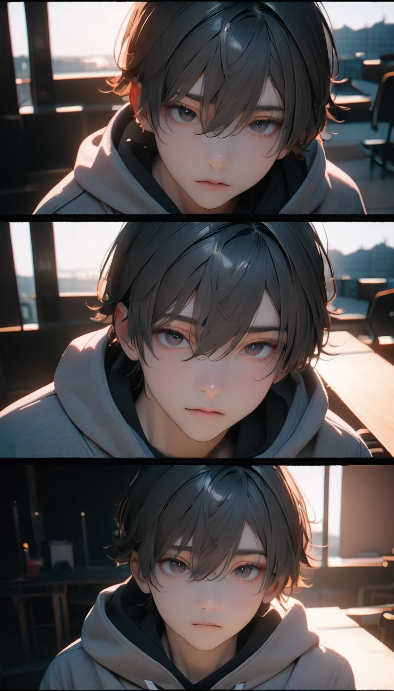 (8K, RAW photos, best quality, masterpiece: 1.4), (((男孩在table上写字)))，Ultra-high resolution, Extremely detailed, light, Desk lamp close-up, handsome boy, black eyes, (delicate eyes, Eyes are bright:1.2), Gray short hair, Fair skin,dark, Grey sweatshirt, sweatshirt with hood,(perfect :1.2), High-quality shadows, Natural Lighting, (White highlights:1.2), night, cloudy day, (at home:1.2), (table:1.2)
