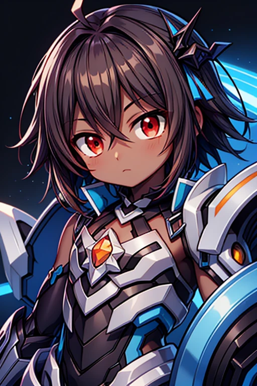 (((dark skin tone))),dark skin male, femboy, dark skin, cute shota,red eyes, blue mecha hairpin, dark brown hair medium hair,wearing a black exoskeleton, blue gauntlet's, honkai impact herrscher of reason, full armour mecha_musame, orange gem on chest, close up