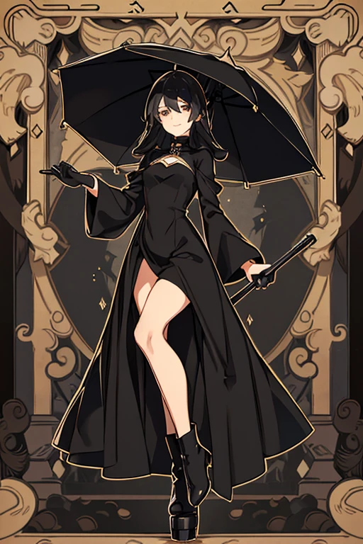 adult woman, old style long elegant black dress, elegant smile, elegant black gloves, small elegant black boots, black umbrella in the right hand, bright golden eyes, black hair, elegant black hat.