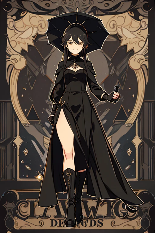 adult woman, old style long elegant black dress, elegant smile, elegant black gloves, small elegant black boots, black umbrella in the right hand, bright golden eyes, black hair, elegant black hat.