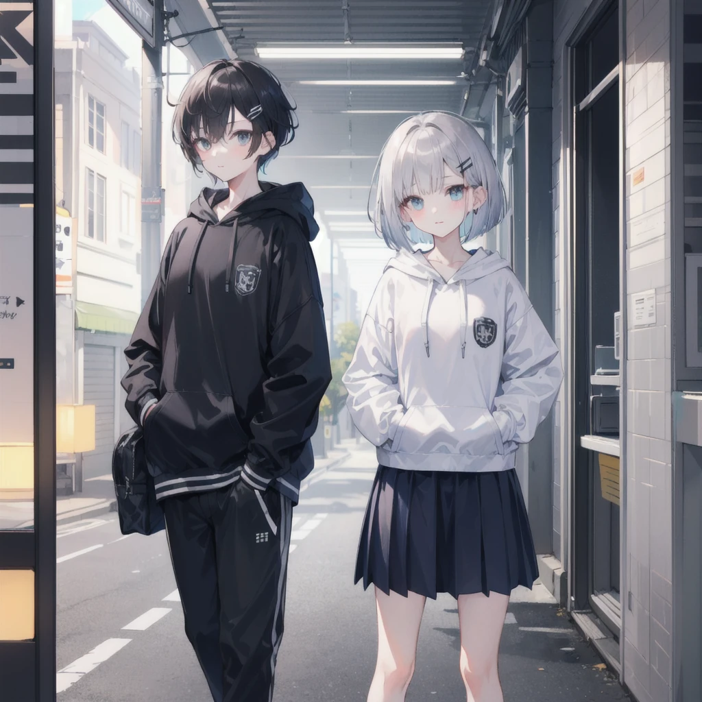 Highest quality,masterpiece,（A boy with short black hair wearing a hoodie）、(A girl with bright silver short bob hair,hairpin)（School,On the way home from school,evening,）
