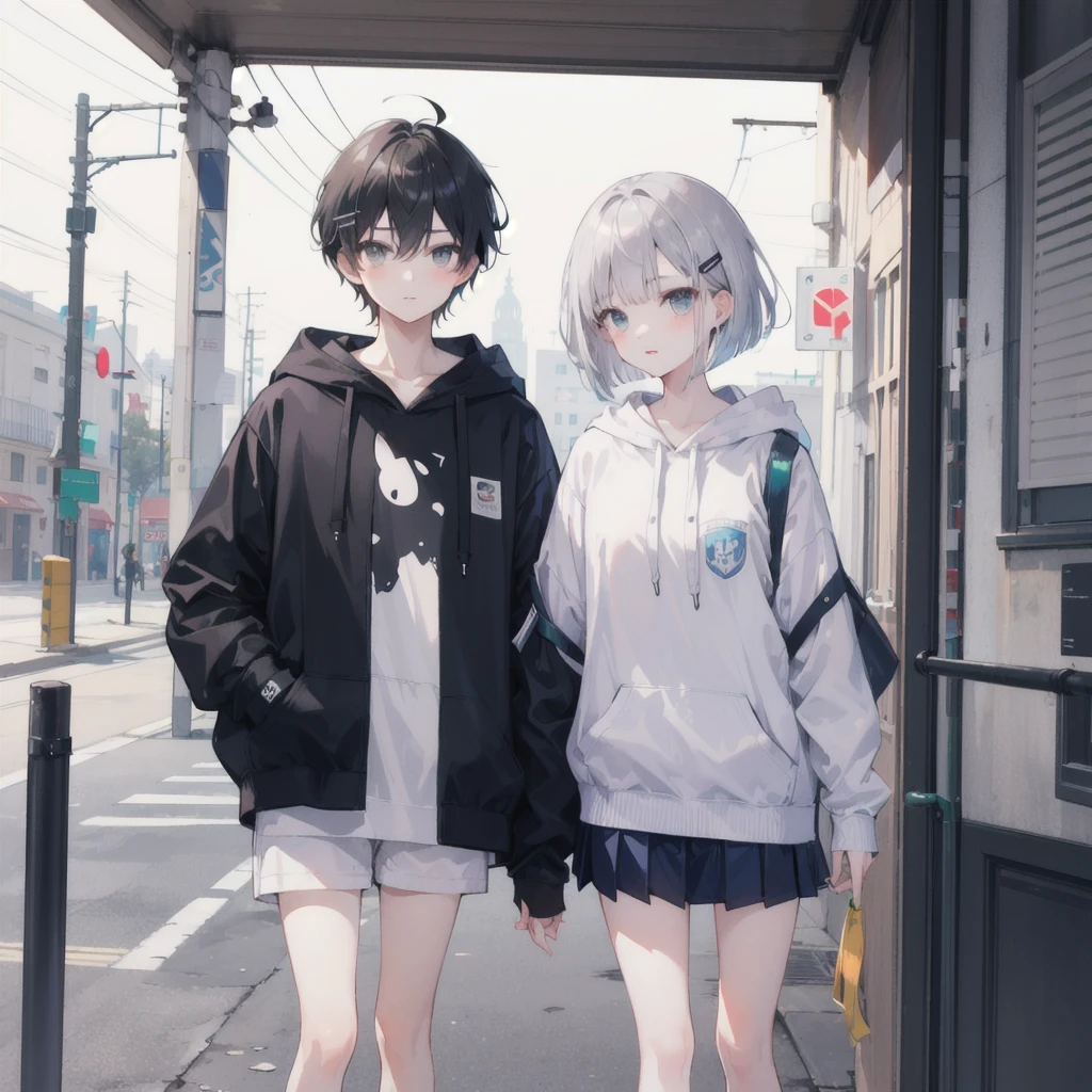 Highest quality,masterpiece,（A boy with short black hair wearing a hoodie）、(A girl with bright silver short bob hair,hairpin)（School,On the way home from school,evening,）
