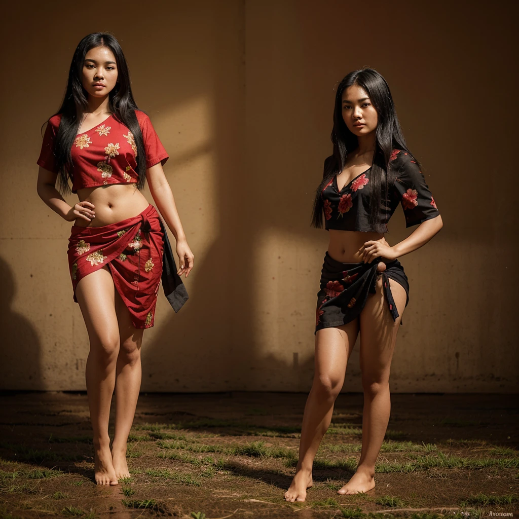 A 20-year-old Thai woman with long black hair, wearing a traditional Isan-style red shirt and a black and red floral sarong, standing in a graceful pose. Two figures with two different poses in one image, set against a background of a rice field. Full-body realistic image.
