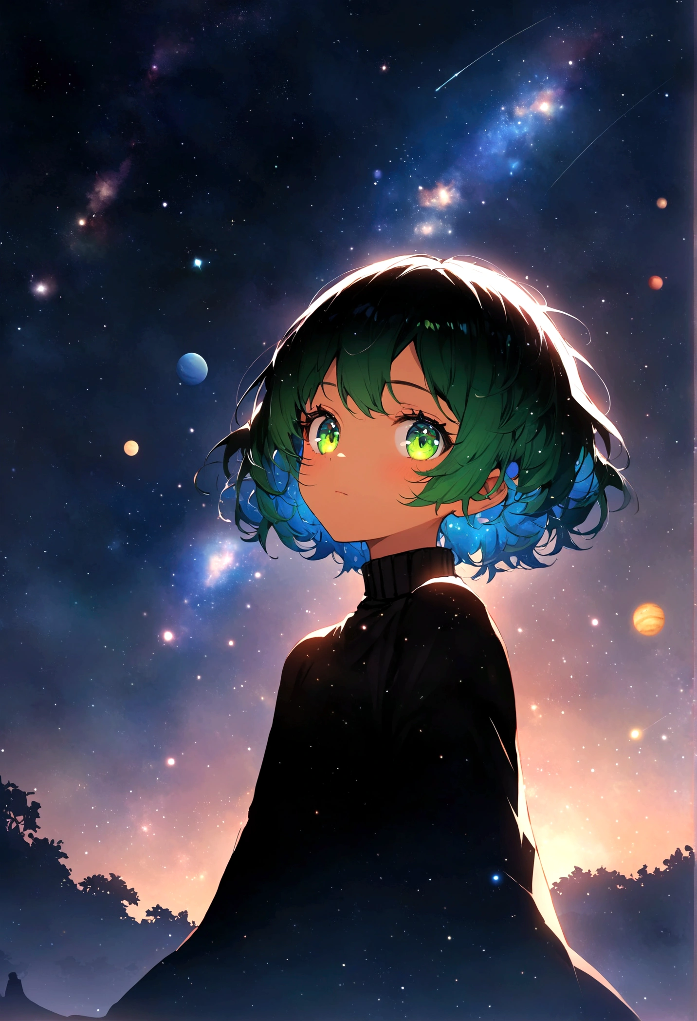 silhouette,light particles, Sky, it's night, the night is full of stars, there are planets in the sky, bright colors, Incredible details, Loli, short hair, galaxy hair, green eyes, tanned, black sweater,