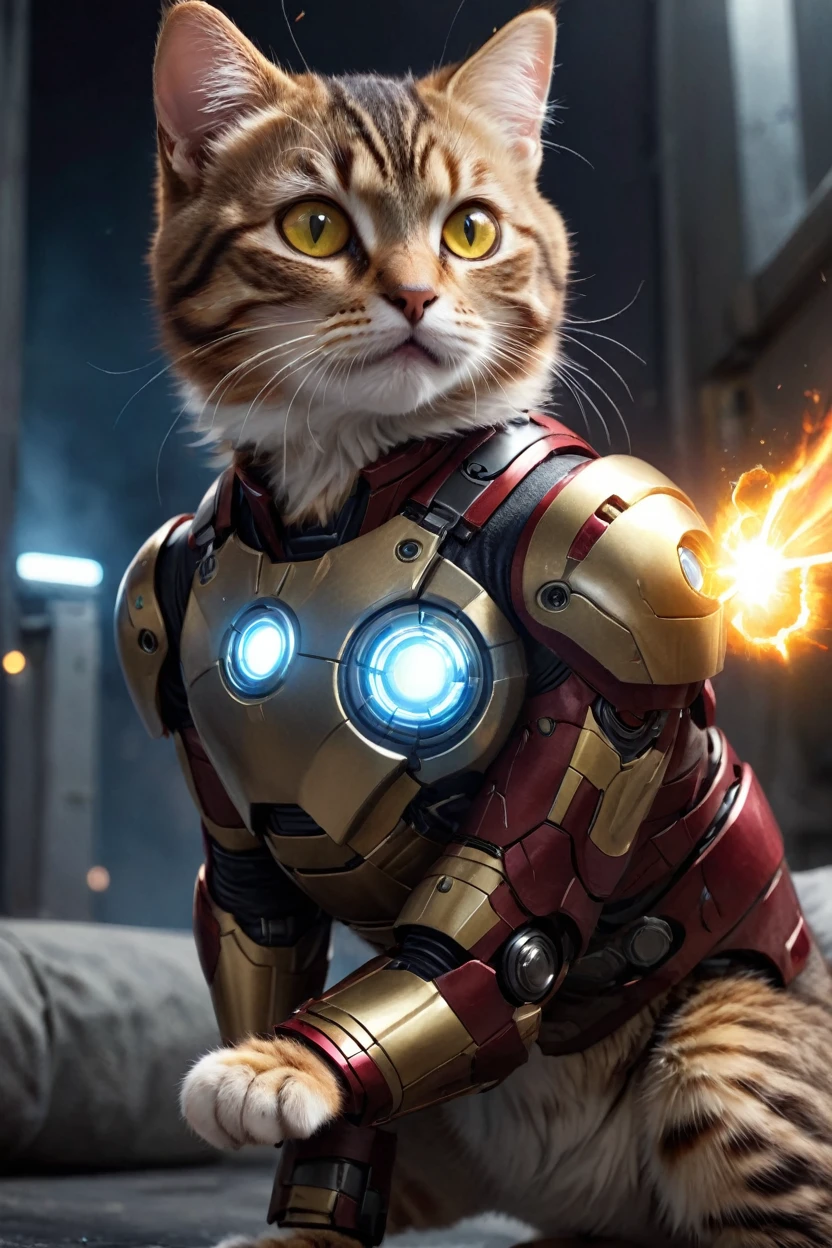 small, There are no humans in this world、The world of anthropomorphized cats、Wearing a full Iron Man suit、Arc reactor is cat face、Repulsor firing from both hands、night、かわいいbornき物全身, Costumes,、 Fantasy art, Exquisite detail, An anthropomorphic, fat, furry tabby kitten with yellow eyes, Movie Scenes, Dramatic shot angles, , Realistic, born々Amazing cinematic photorealism, Action Portrait, 8K, detailed, Full Frame