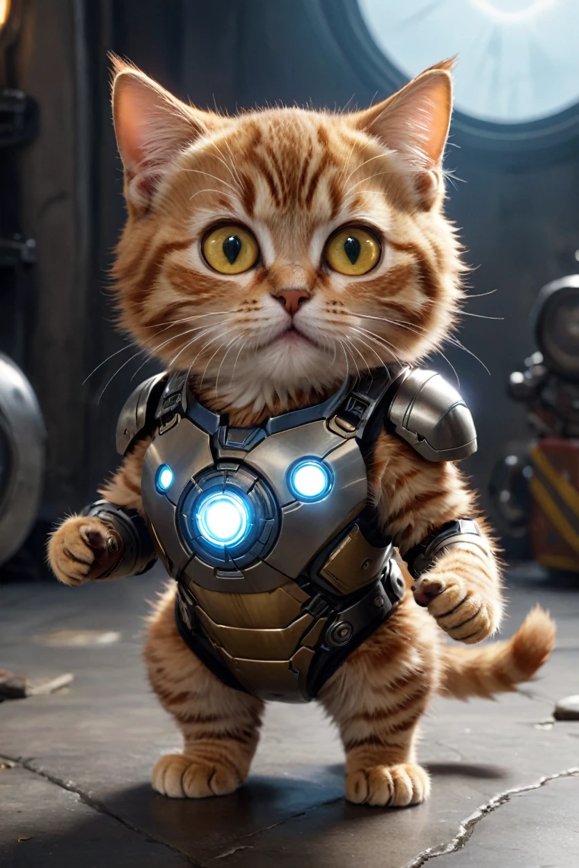 small, There are no humans in this world、The world of anthropomorphized cats、Wearing a full Iron Man suit、Arc reactor is cat face、Repulsor firing from both hands、night、かわいいbornき物全身, Costumes,、 Fantasy art, Exquisite detail, An anthropomorphic, fat, furry tabby kitten with yellow eyes, Movie Scenes, Dramatic shot angles, , Realistic, born々Amazing cinematic photorealism, Action Portrait, 8K, detailed, Full Frame