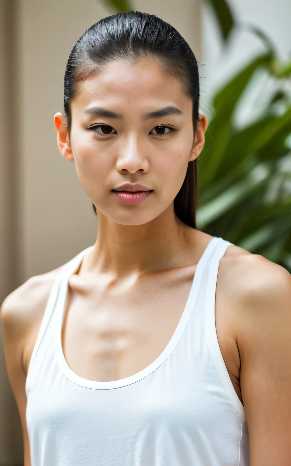 ultra-high-resolution 8K, best quality, (photo realistic:1.4) profile photo, BREAK (fashion model, asian, woman), athlete, 30years old, dark straight hair, slicked back hair, square face, black and small eyes, stern eyes, thick and straight eyebrows, snub nose, plump lips, fair skin with detailed and realistic skin texture, BREAK looking straight ahead, upper torso shot capturing her intense gaze, BREAK (muscular body), single eyelid, closed mouth, natural makeup, wearing white no-sleeve top, exuding the vibe of a fashion model with a neutral, serious expression, BREAK