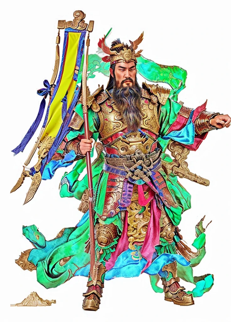 chinese mythodology, photorealistic, holding a long flag, ancient Chinese warrior with armour, soft deity ribbon, long beard