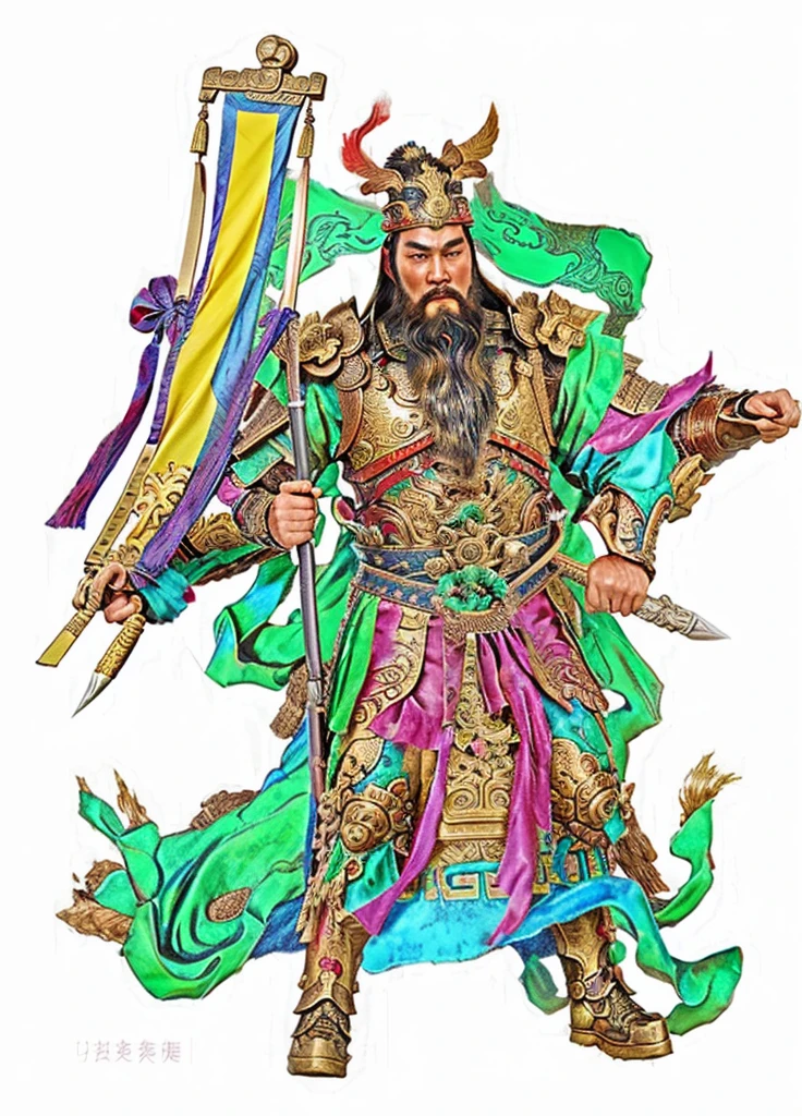 chinese mythodology, photorealistic, holding a long flag, ancient Chinese warrior with armour, soft deity ribbon, long beard
