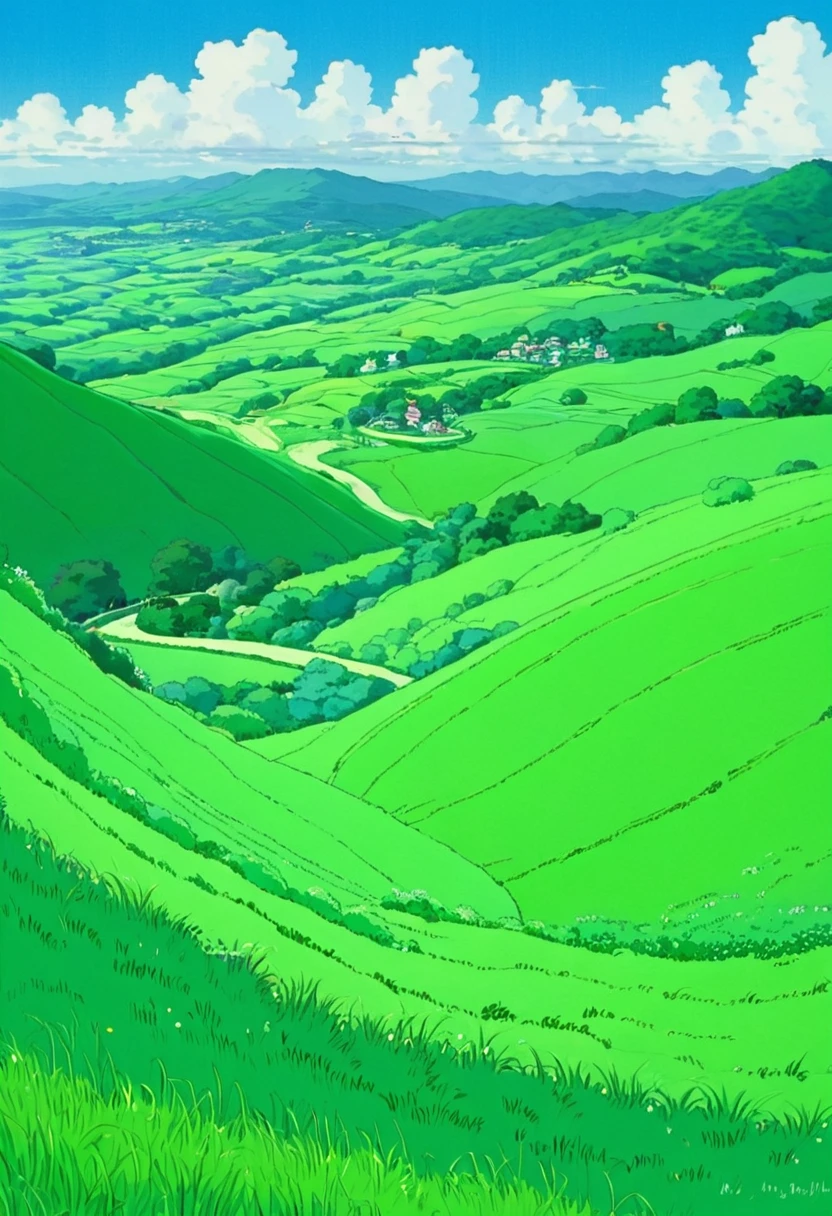 A painting of a green hilly landscape with a winding road, Scenery of Studio Ghibli, Anime countryside landscape, studio ghibli environment, Distant village background, Gentle hills, Gentle hills陵地帯, Studio Ghibli's smooth concept art, Anime scenery, Background Art, Gouache Matte Painting, Studio Ghibli movie stills, Studio Ghibli Sky, Rolling green hills, anime Background Art, Studio Ghibli Nikko, Landscape Wallpaper
